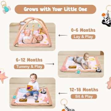 6-in-1 Baby Play Gym Activity Center, Portable Baby Activity Mat with 6 Removable Toys for Motor Skills & Sensory Development, Baby Tummy Time Play Mat for 0-18 Months, Easy Clean & Assemble (Brown)