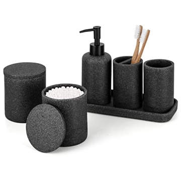 ZCCZ Black Bathroom Accessories Set 6 Pcs - Toothbrush Holder, Lotion Soap Dispensers, 2 Qtip Holder...