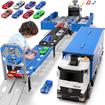 Carrier Truck Race Track Toddlers Toys, Foldable 3 Layer Car Race Track Playset, Toy Truck Transport...