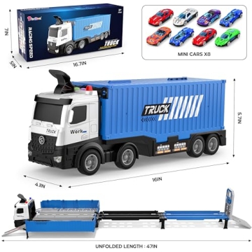 Carrier Truck Race Track Toddlers Toys, Foldable 3 Layer Car Race Track Playset, Toy Truck Transport Car Carrier & 8 Race Cars, Truck Car Kids Toys Xmas Gifts for Age 3 4 5 6+ Years Old Boys Girls