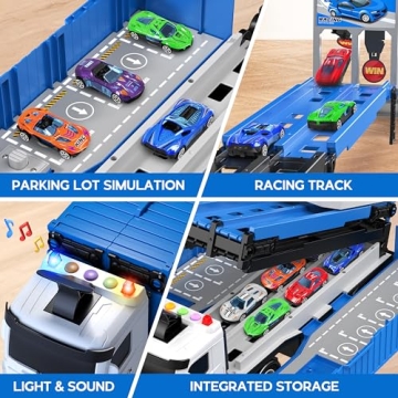 Carrier Truck Race Track Toddlers Toys, Foldable 3 Layer Car Race Track Playset, Toy Truck Transport Car Carrier & 8 Race Cars, Truck Car Kids Toys Xmas Gifts for Age 3 4 5 6+ Years Old Boys Girls