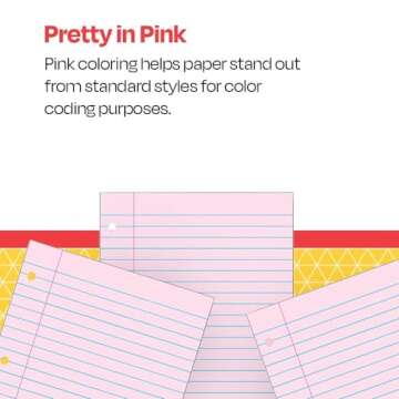 School Smart 3-Hole Punched Filler Paper, 8-1/2 x 11 Inches, Pink, 100 Sheets - 087155