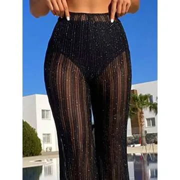 SOLY HUX Women's High Waist Sheer Mesh Swimsuit Cover up Pants See Through Wide Leg Bikini Beach Pants Swimwear Plain Black Glitter M