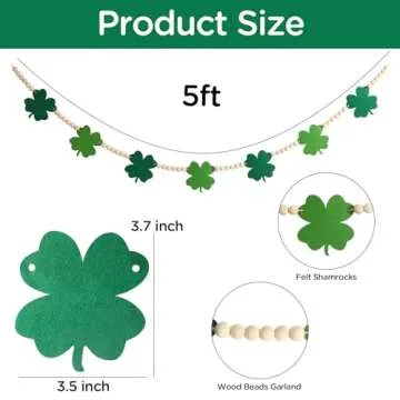 St Patricks Day Decorations Green Felt Shamrocks Wood Beads Garland for Decor Farmhouse Banner for Fireplace Mantel Walls