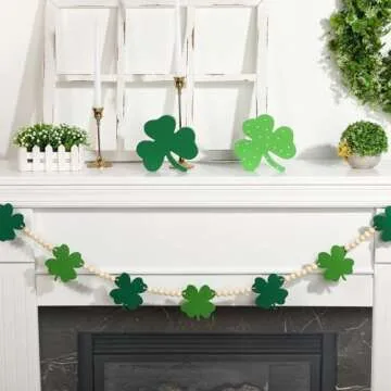 St Patricks Day Decorations Green Felt Shamrocks Wood Beads Garland for Decor Farmhouse Banner for Fireplace Mantel Walls