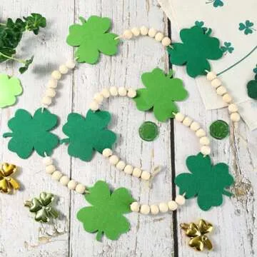 St Patricks Day Decorations Green Felt Shamrocks Wood Beads Garland for Decor Farmhouse Banner for Fireplace Mantel Walls