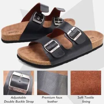ONCAI Mens Sandals,Beach Arch Support Slides Cork Footbed Slippers with Adjustable Buckle Straps Bla...