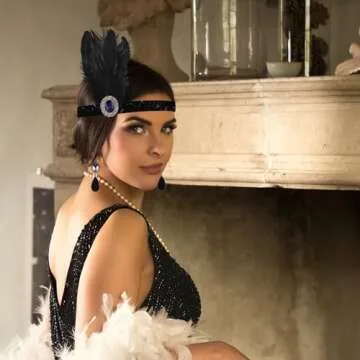 FEPITO 9 Pieces 1920s Flapper Great Gatsby Accessories Set Fashion Roaring 20's Theme Set with Headband Headpiece Long Black Gloves Necklace Earrings for Women（Set C）