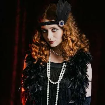 FEPITO 9 Pieces 1920s Flapper Great Gatsby Accessories Set Fashion Roaring 20's Theme Set with Headband Headpiece Long Black Gloves Necklace Earrings for Women（Set C）