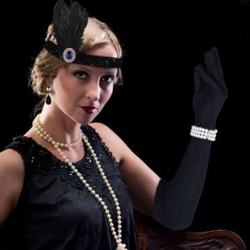 FEPITO 9 Pieces 1920s Flapper Great Gatsby Accessories Set Fashion Roaring 20's Theme Set with Headband Headpiece Long Black Gloves Necklace Earrings for Women（Set C）