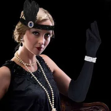 FEPITO 9 Pieces 1920s Flapper Great Gatsby Accessories Set Fashion Roaring 20's Theme Set with Headband Headpiece Long Black Gloves Necklace Earrings for Women（Set C）