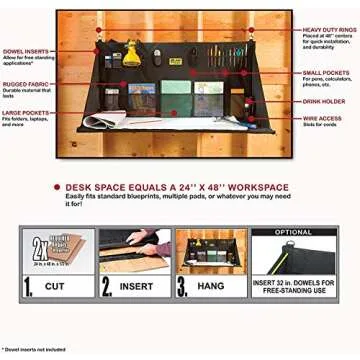 Plan Station PRO WS3800 Portable Standing Desk, Workbench, Station, Storage for Jobsite, Garage, Office, Shop, Hanging Work Surface, Black