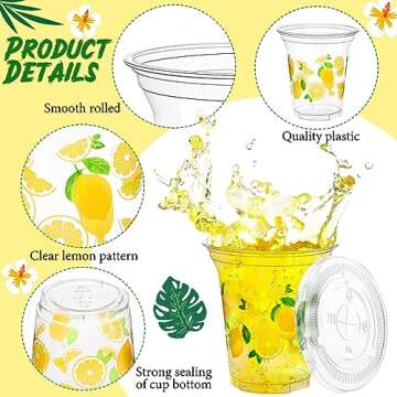 Umigy 100 Pack Plastic Disposable Cups with Lids and Straws 12 oz Disposable Cups for Juice Water Coffee Summer Party Sports Party Supplies(Lemonade)