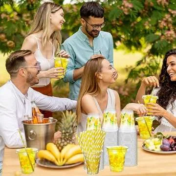 Umigy 100 Pack Plastic Disposable Cups with Lids and Straws 12 oz Disposable Cups for Juice Water Coffee Summer Party Sports Party Supplies(Lemonade)