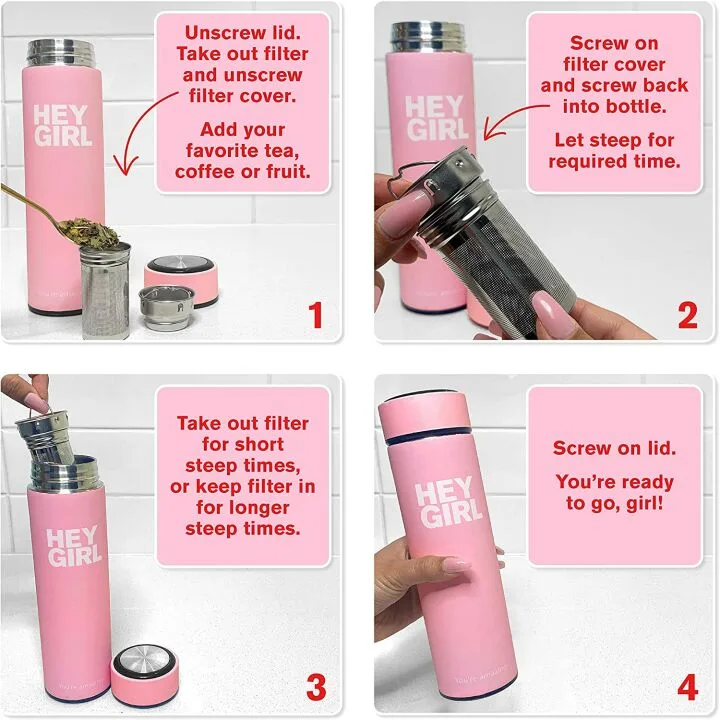 Hey Girl Tea Infuser Bottle - Insulated Thermos for Tea