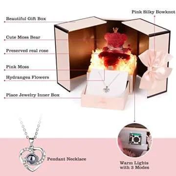 digi marker Preserved Rose Moss Bear with I Love You Necklace Rose Gifts for Women Girlfriend Wife Mom Grandma Birthday Christmas Valentines Mothers Day Anniversary Wedding Thanksgiving