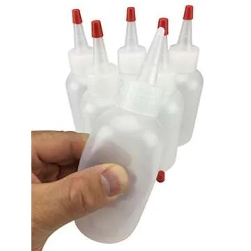 Hobbyland Squeeze Bottles, LDPE Plastic Bottles, Natural Boston Round Bottles, Yorker Spout Red Caps, Tips have .30 Hole (4oz, 24/410 Neck, 6 Bottles)