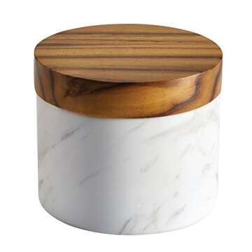 Anolon Pantryware Marble Salt Cellar with Teak Lid / Marble Salt Box with Teak Lid - 5.25 Ounce , White