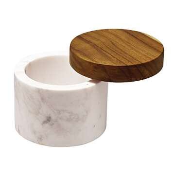 Anolon Pantryware Marble Salt Cellar with Teak Lid / Marble Salt Box with Teak Lid - 5.25 Ounce , White