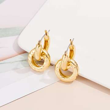 Gold Dangle Earrings Statement Hoop Earrings for Women 14k Gold Plated Interlock Hoops Thick Gold Dangling Drop Earrings Fashion Jewelry Gifts Lightweight Hypoallergenic