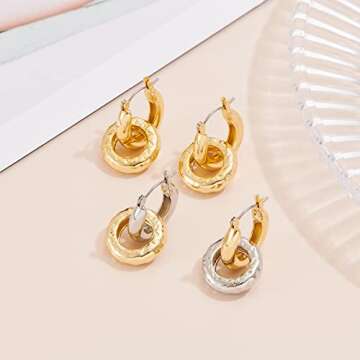 Gold Dangle Earrings Statement Hoop Earrings for Women 14k Gold Plated Interlock Hoops Thick Gold Dangling Drop Earrings Fashion Jewelry Gifts Lightweight Hypoallergenic