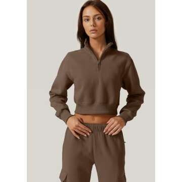 QINSEN Plus Size Chestnut Sweatshirt for Womens High Neck Stretch Fleece Crop Pullover XL