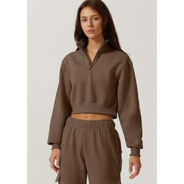 QINSEN Plus Size Chestnut Sweatshirt for Womens High Neck Stretch Fleece Crop Pullover XL