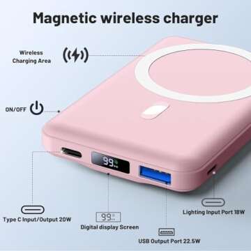 AOGUERBE for Magsafe Battery Pack, 10000mAh Magnetic Power Bank with (22.5W) USB-C Fast Charging, Wi...