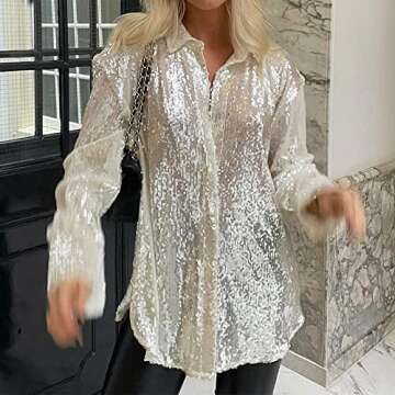 Stylish Women Sequin Button Down Blouse Long Sleeve Sparkle Tops