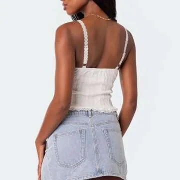 Women's Y2k Knit Crop Tank Top Sexy Spaghetti Strap Cute Going Out Tops Lace Trim Cami Bustier Shirt