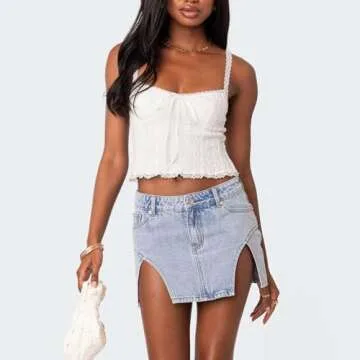 Women's Y2K Knit Crop Tank Top - Stylish Lace Trim Cami