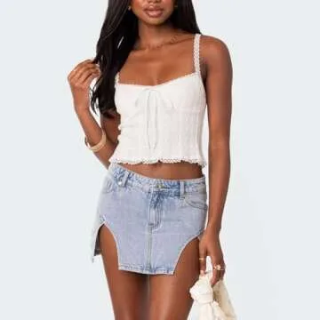 Women's Y2K Knit Crop Tank Top - Stylish Lace Trim Cami