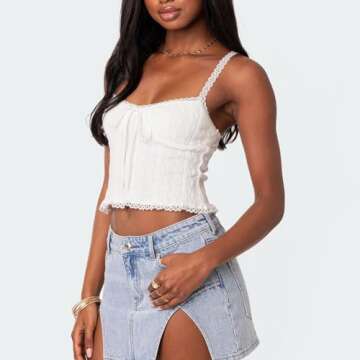 Women's Y2k Knit Crop Tank Top Sexy Spaghetti Strap Cute Going Out Tops Lace Trim Cami Bustier Shirt