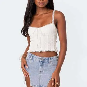 Women's Y2K Knit Crop Tank Top - Stylish Lace Trim Cami