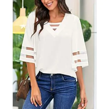 LookbookStore Women's Casual Summer Strappy Vneck Mesh Panel 3/4 Bell Sleeve Loose Shirt Top Blouses Beige Size X-Large