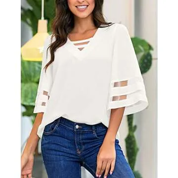 LookbookStore Women's Casual Summer Strappy Vneck Mesh Panel 3/4 Bell Sleeve Loose Shirt Top Blouses Beige Size X-Large