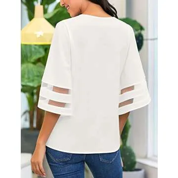 LookbookStore Women's Casual Summer Strappy Vneck Mesh Panel 3/4 Bell Sleeve Loose Shirt Top Blouses Beige Size X-Large