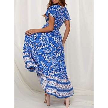 ZESICA Women's 2025 Bohemian Floral Printed Wrap V Neck Short Sleeve Split Beach Party Maxi Dress,Bl...