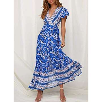 ZESICA Women's 2025 Bohemian Floral Printed Wrap V Neck Short Sleeve Split Beach Party Maxi Dress,Blue,Small