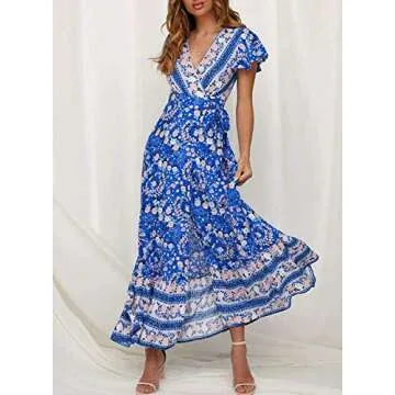ZESICA Women's 2025 Bohemian Floral Printed Wrap V Neck Short Sleeve Split Beach Party Maxi Dress,Blue,Small