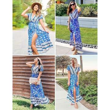 ZESICA Women's 2025 Bohemian Floral Printed Wrap V Neck Short Sleeve Split Beach Party Maxi Dress,Blue,Small