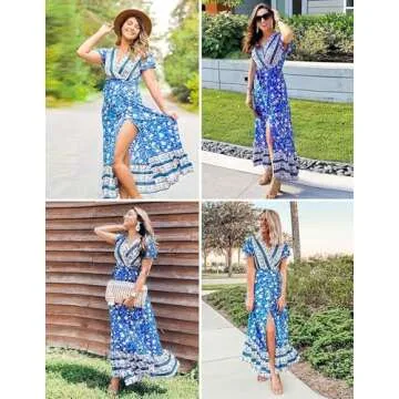 ZESICA Women's 2025 Bohemian Floral Printed Wrap V Neck Short Sleeve Split Beach Party Maxi Dress,Blue,Small