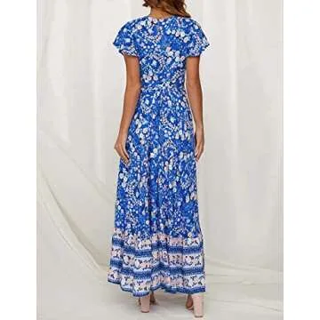 ZESICA Women's 2025 Bohemian Floral Printed Wrap V Neck Short Sleeve Split Beach Party Maxi Dress,Blue,Small