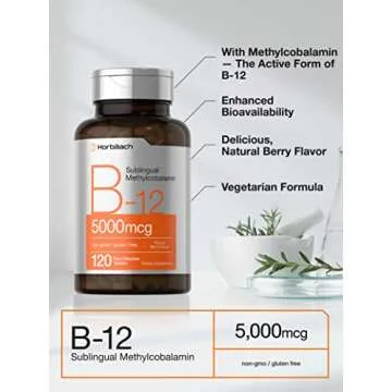 Horbäach B12 Sublingual Methylcobalamin | 5000mcg | 120 Fast Dissolve Tablets | Vegetarian, Non-GMO and Gluten Free Supplement