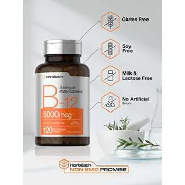 Horbäach B12 Sublingual Methylcobalamin | 5000mcg | 120 Fast Dissolve Tablets | Vegetarian, Non-GMO and Gluten Free Supplement