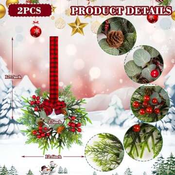 Small Christmas Wreath Set of 2 - Mini Wreaths with Red Berry Pine Eucalyptus for Kitchen Window Dec...