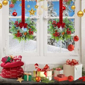 Small Christmas Wreath Set of 2 - Mini Wreaths with Red Berry Pine Eucalyptus for Kitchen Window Decor Small Farmhouse Wreaths Garland for Indoor Home Cabinet Decorations