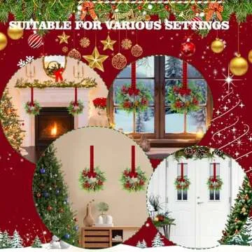 Small Christmas Wreath Set of 2 - Mini Wreaths with Red Berry Pine Eucalyptus for Kitchen Window Decor Small Farmhouse Wreaths Garland for Indoor Home Cabinet Decorations