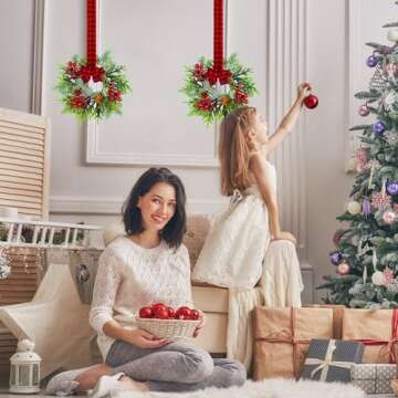 Small Christmas Wreath Set of 2 - Mini Wreaths with Red Berry Pine Eucalyptus for Kitchen Window Decor Small Farmhouse Wreaths Garland for Indoor Home Cabinet Decorations