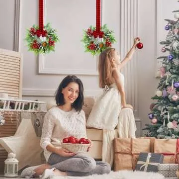 Small Christmas Wreath Set of 2 - Mini Wreaths with Red Berry Pine Eucalyptus for Kitchen Window Decor Small Farmhouse Wreaths Garland for Indoor Home Cabinet Decorations